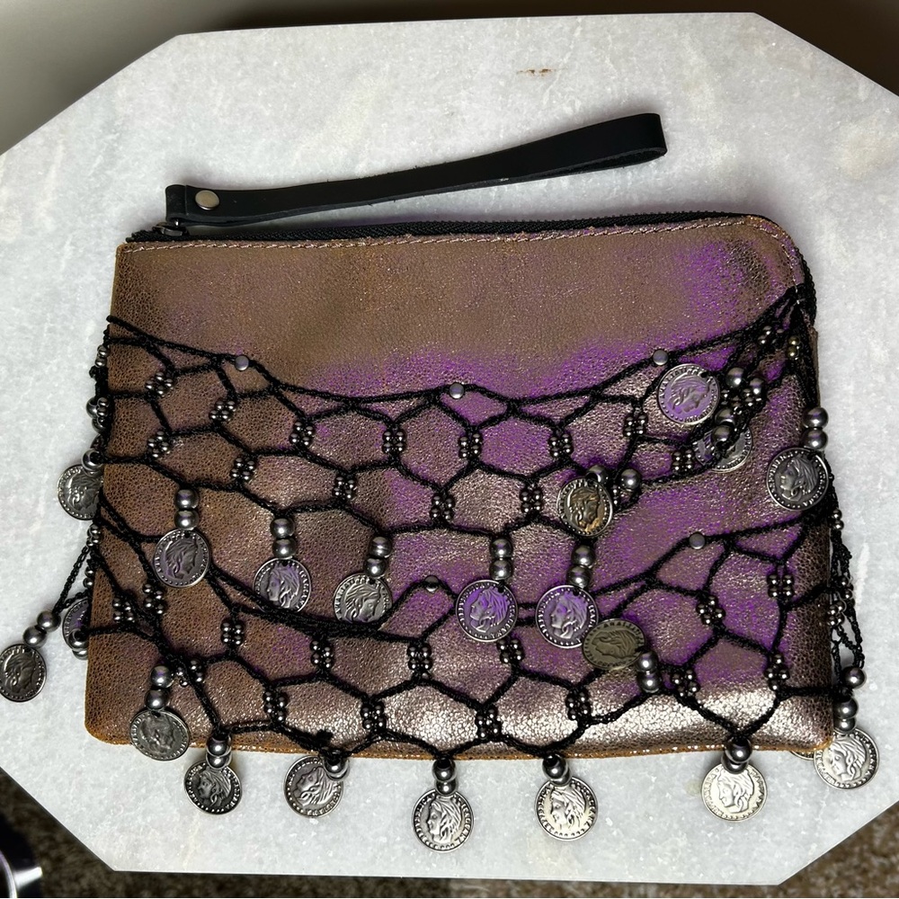 *Patricia Nash* Elegant Bronze Clutch with Black Beaded Netting